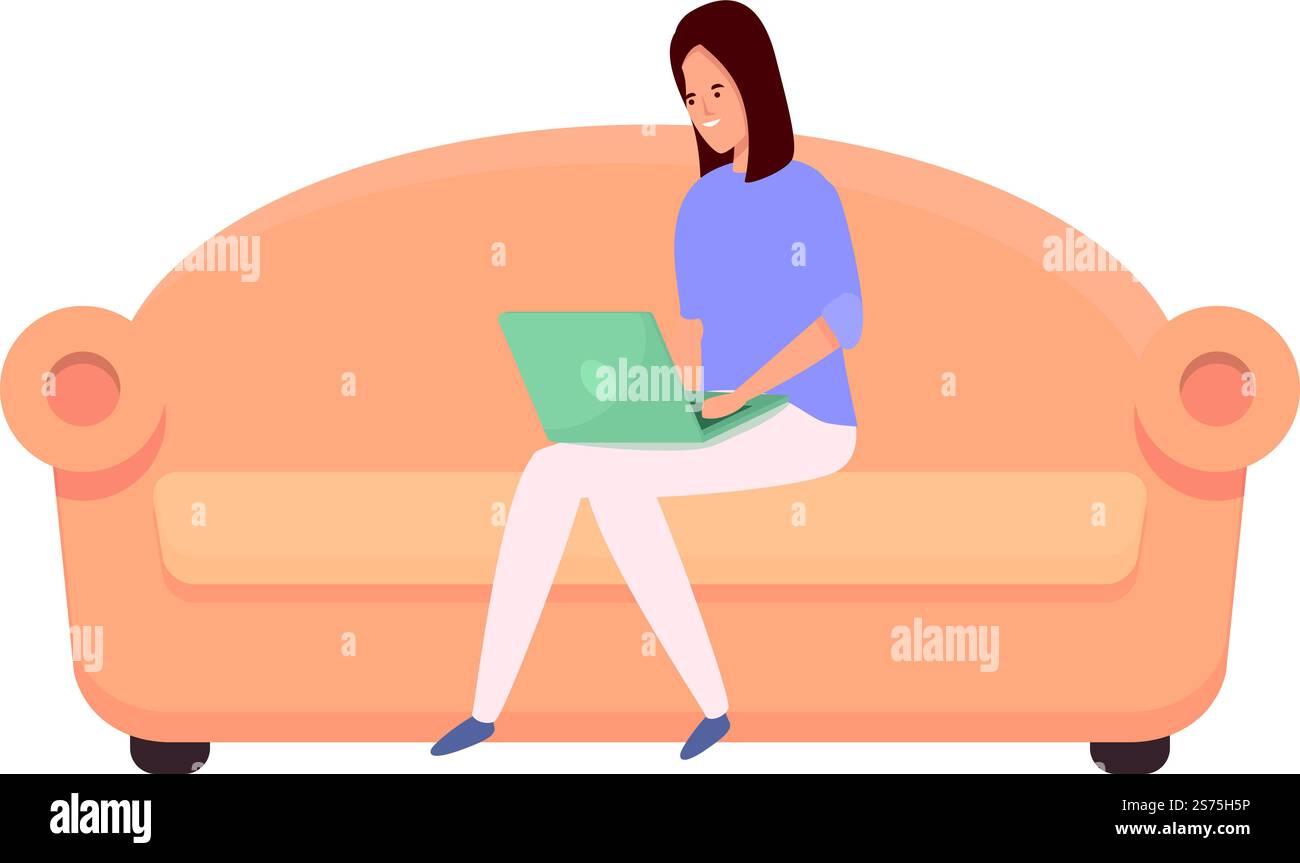 Sofa remote work icon cartoon vector. Online education. Smart social ...