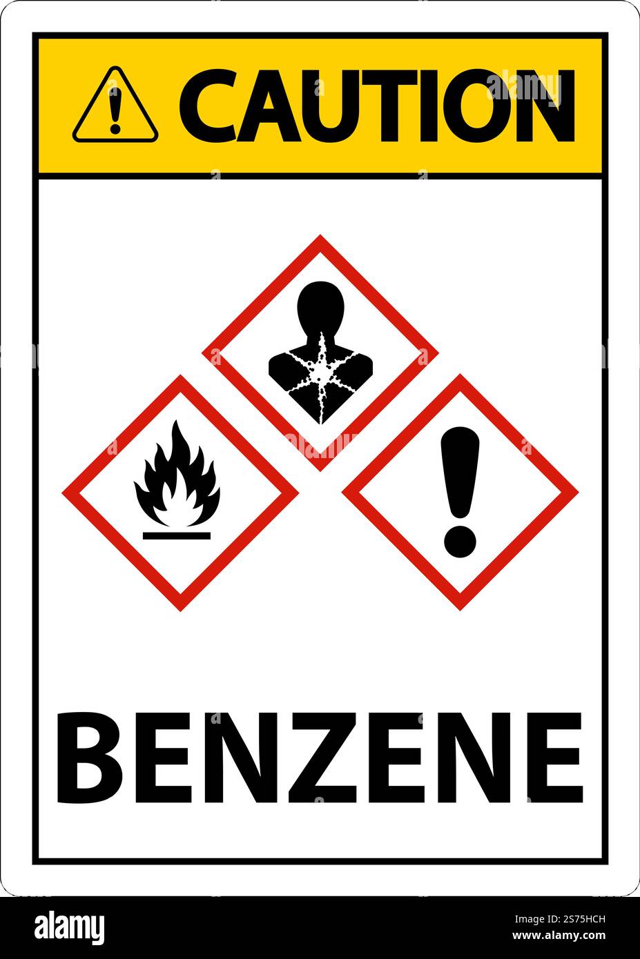 Caution Benzene GHS Sign On White Background Stock Vector