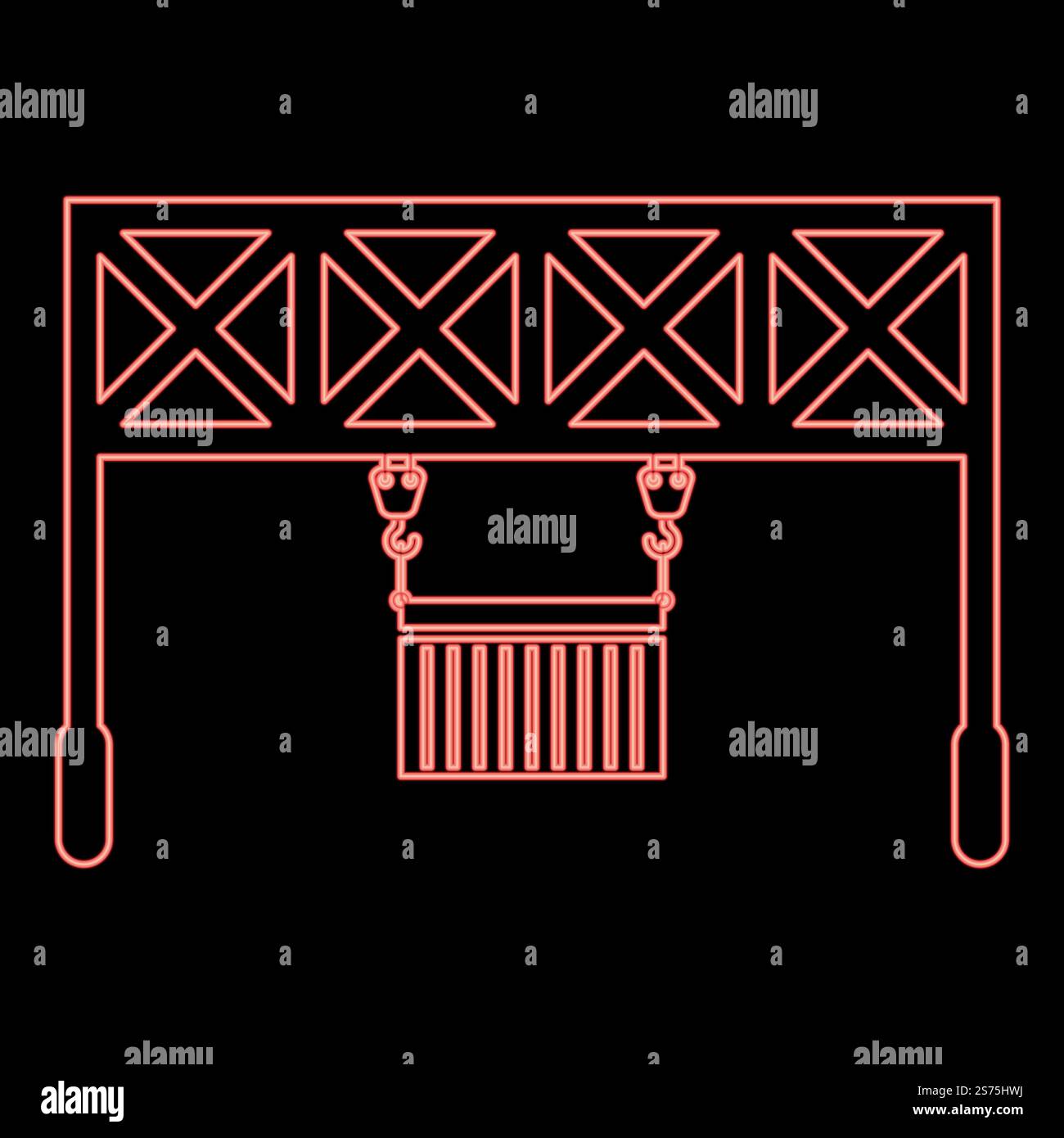 Neon port loader Railway crane with cargo container Lifting goods Logistic technology Terminal service icon black color vector illustration flat style simple image red color vector illustration image flat style light. Neon port loader Railway crane with cargo container Lifting goods Logistic technology Terminal service icon black color vector illustration flat style image red color vector illustration image flat style Stock Vector