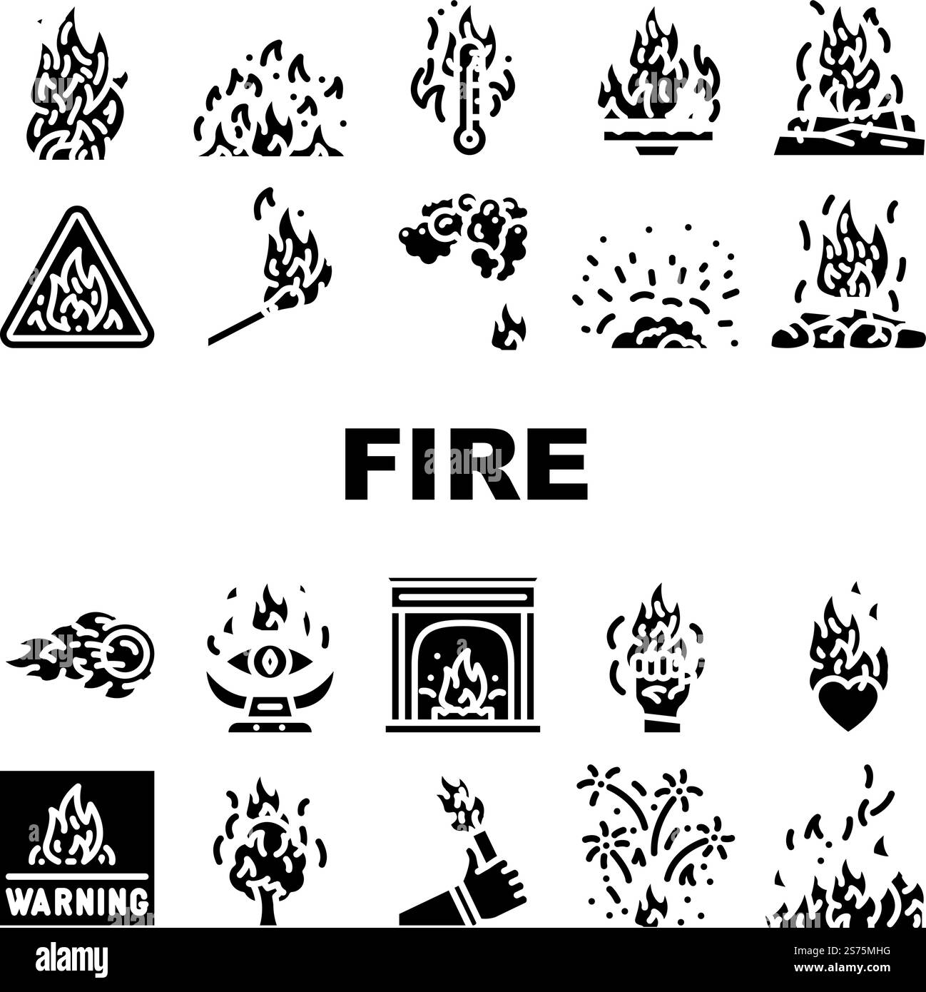 flame hot fire burn bonfire heat icons set vector. red danger, light ...