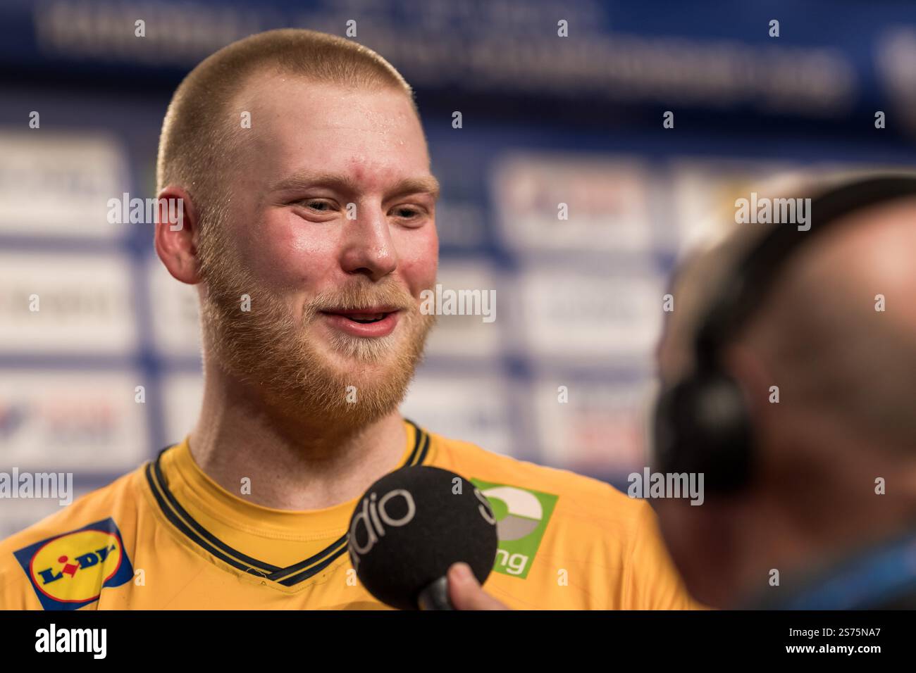250118 Felix Möller of Sweden in the mixed zone after the 2025 IHF