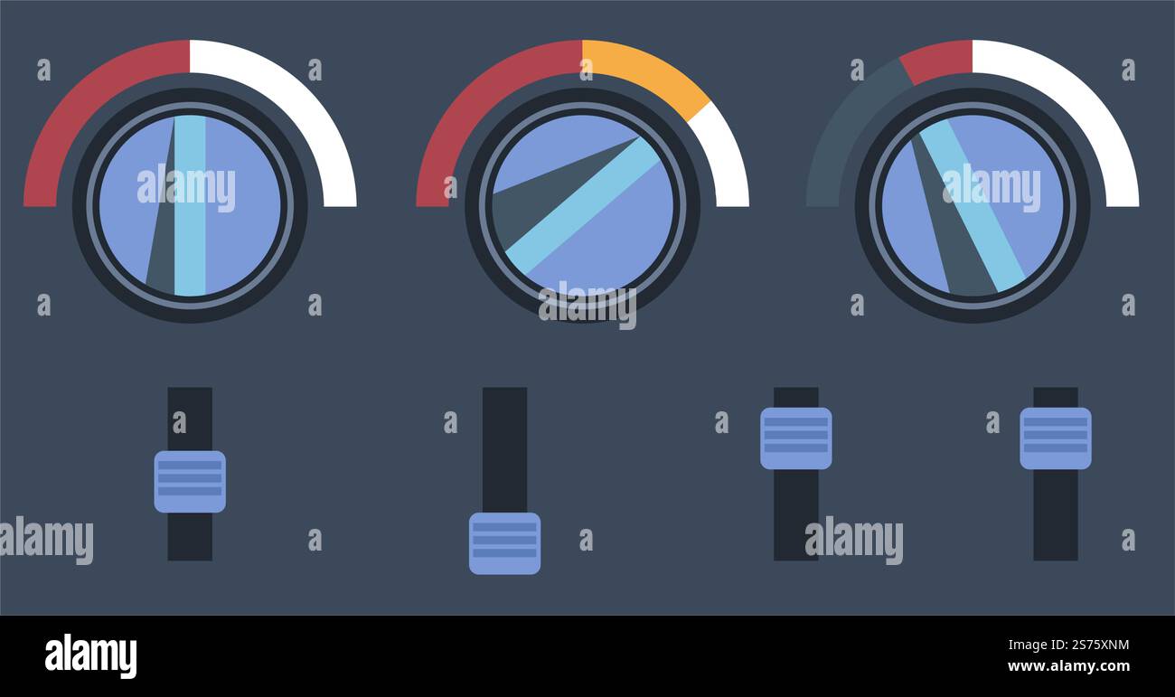 Control panel with buttons and knobs for adjusting and applying settings. Measuring sides and indicator, rotating circle and scale. Controller and mixer board with amplifier. Vector in flat style. Panel with control buttons and knobs, adjusting Stock Vector
