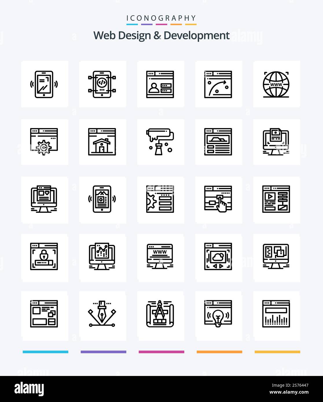 Creative Web Design And Development 25 OutLine icon pack  Such As window . web . web. . design Stock Vector