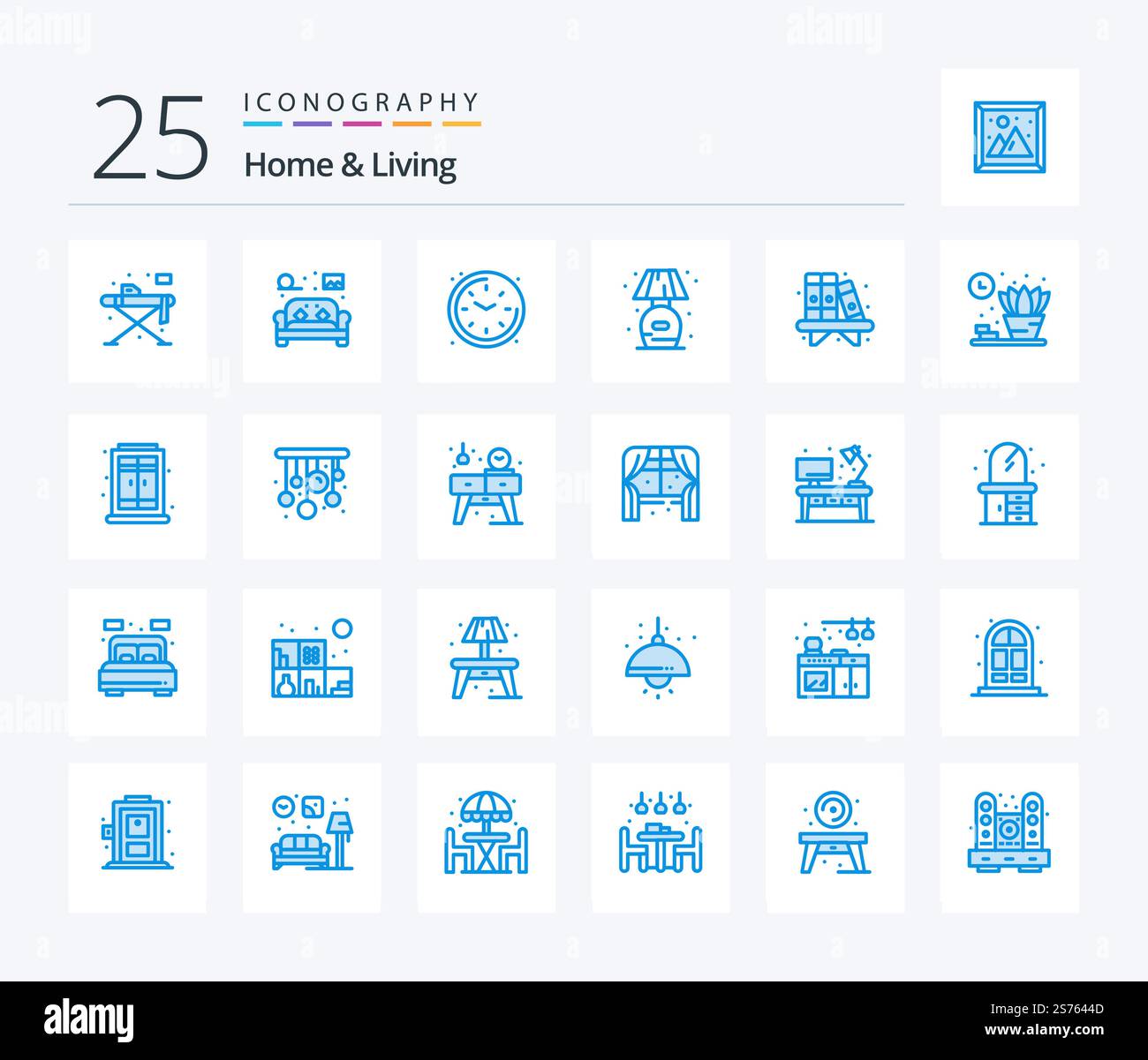 Home And Living 25 Blue Color icon pack including home. stand. sofa ...