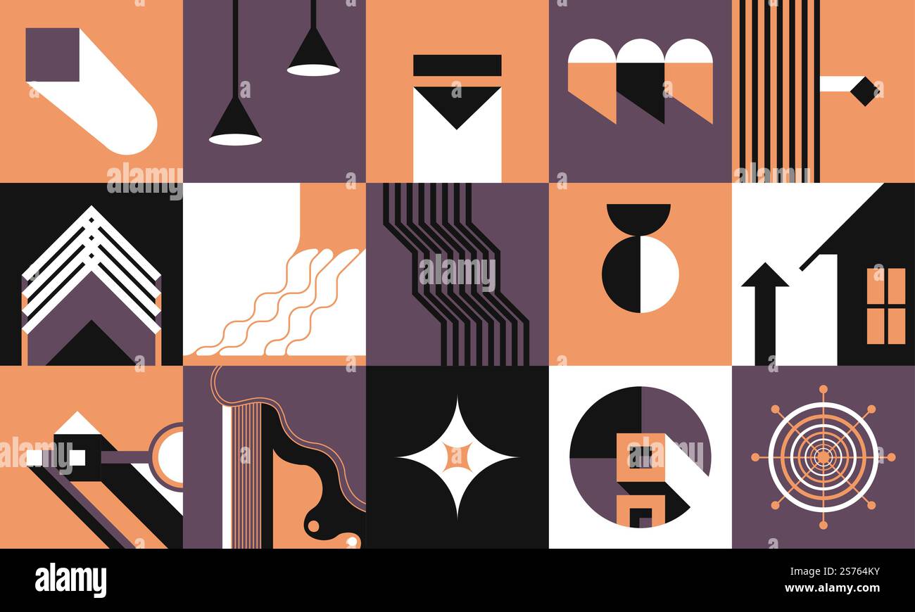 Abstract shapes and forms in squares, geometric print. Triangles ...