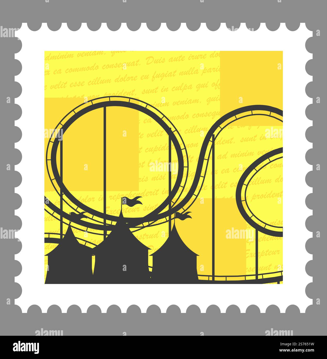 Postmark or postcard with carrousels, amusement park and recreation, rollercoasters and tents. Postal mark or card, mailing letter and correspondence. Monochrome sketch outline. Vector in flat style. Amusement park postmark with carrousels vector Stock Vector