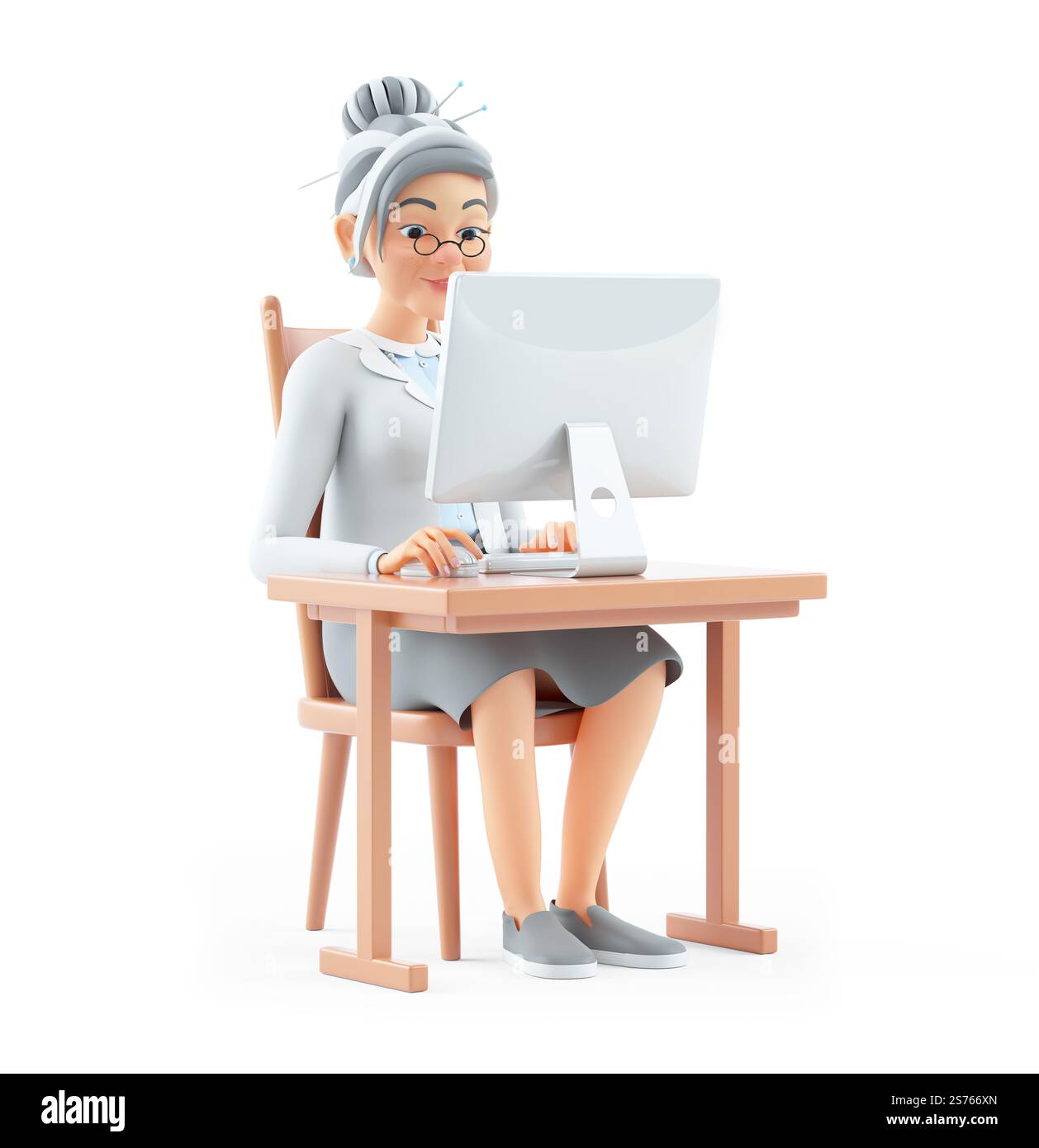 Preppy Grandma Using Computer 3d cartoon granny working on computer at desk, illustration isolated on ...