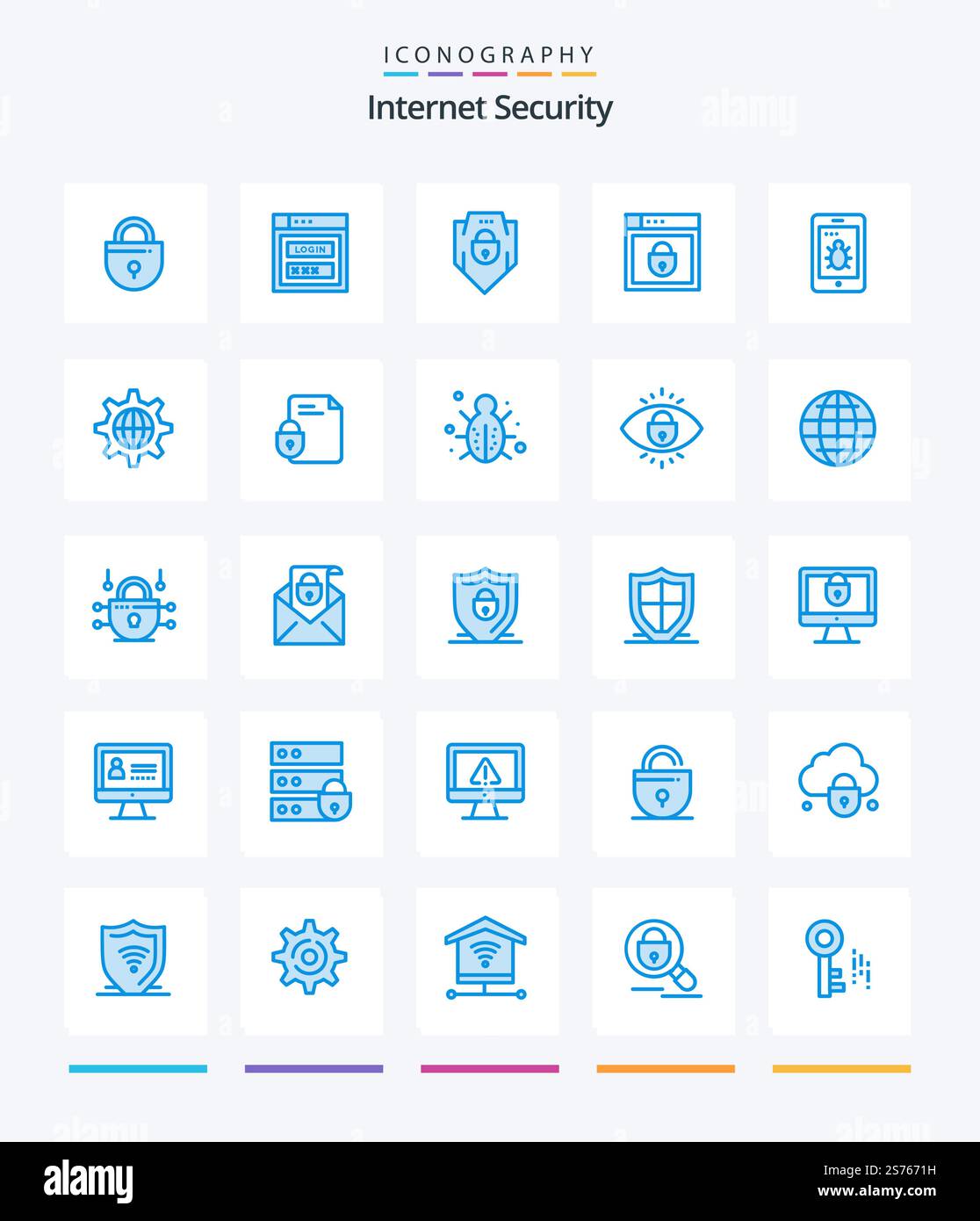 Creative Internet Security 25 Blue icon pack  Such As document. internet. . globe. security Stock Vector
