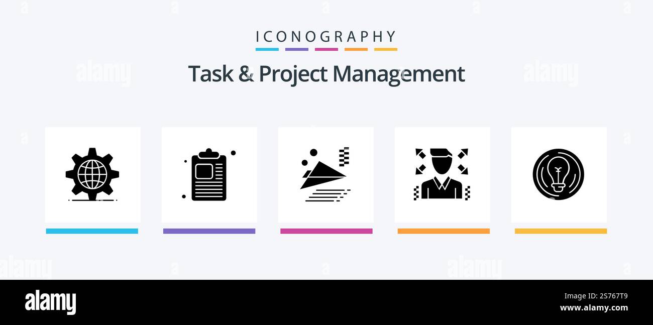 Task And Project Management Glyph 5 Icon Pack Including . man . paper. businessman . plane. Creative Icons Design Stock Vector