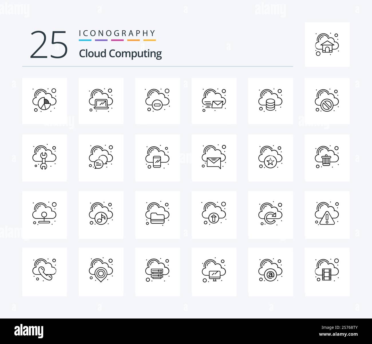 Cloud Computing 25 Line icon pack including data. invelop. cloud. message. cloud Stock Vector
