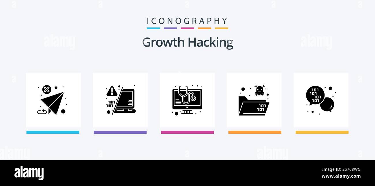 Hacking Glyph 5 Icon Pack Including code. folder. warn. death. virus. Creative Icons Design Stock Vector