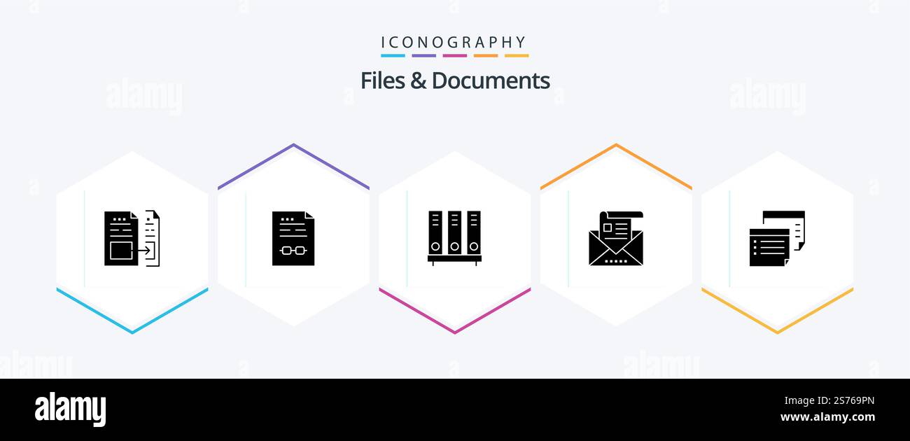 Files And Documents 25 Glyph icon pack including email. address. contract. file. database Stock Vector