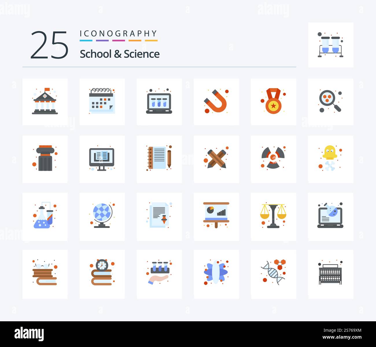 School And Science 25 Flat Color icon pack including medal. chemical ...