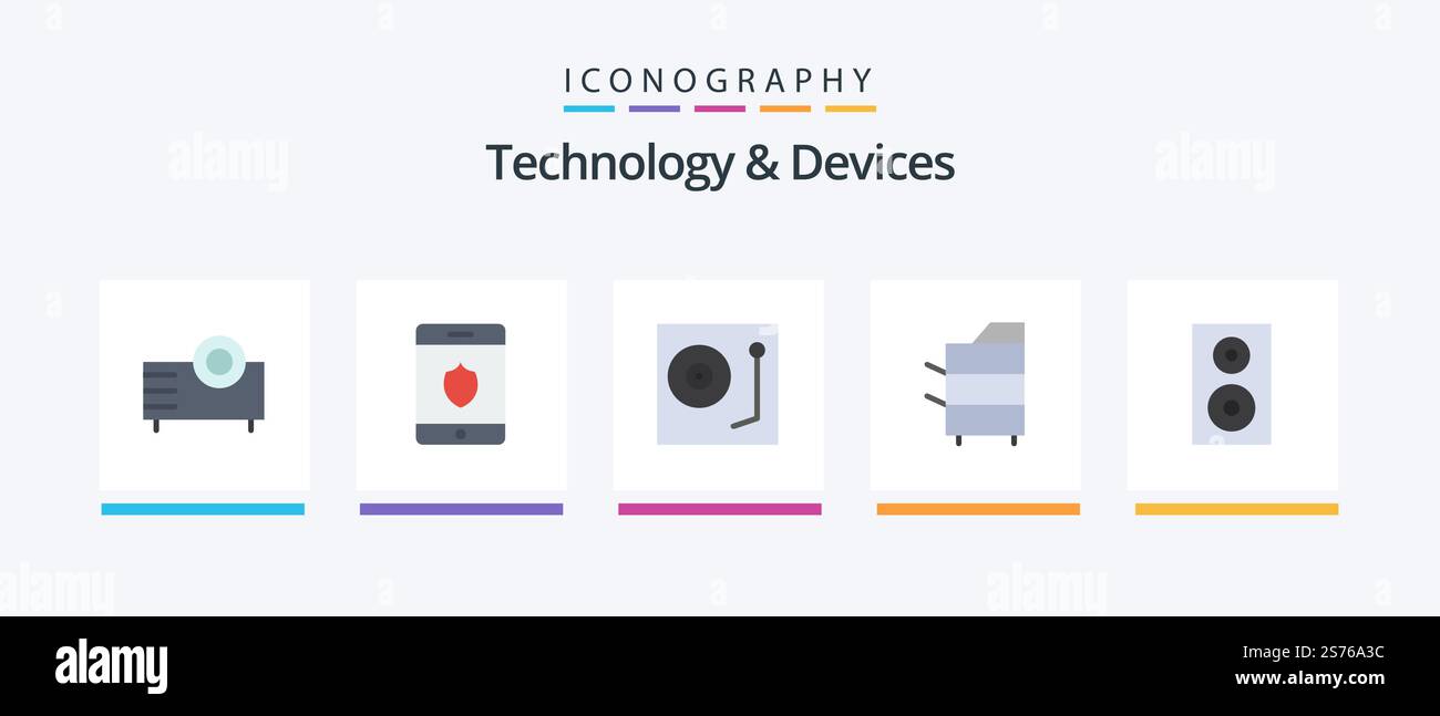 Devices Flat 5 Icon Pack Including technology. electronics. devices. devices. vinyl. Creative Icons Design Stock Vector
