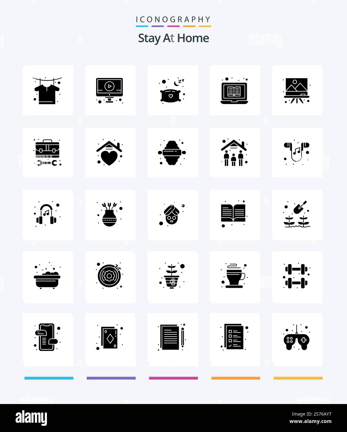 Creative Stay At Home 25 Glyph Solid Black icon pack  Such As drawing. online library. pillow. tutorials. education Stock Vector