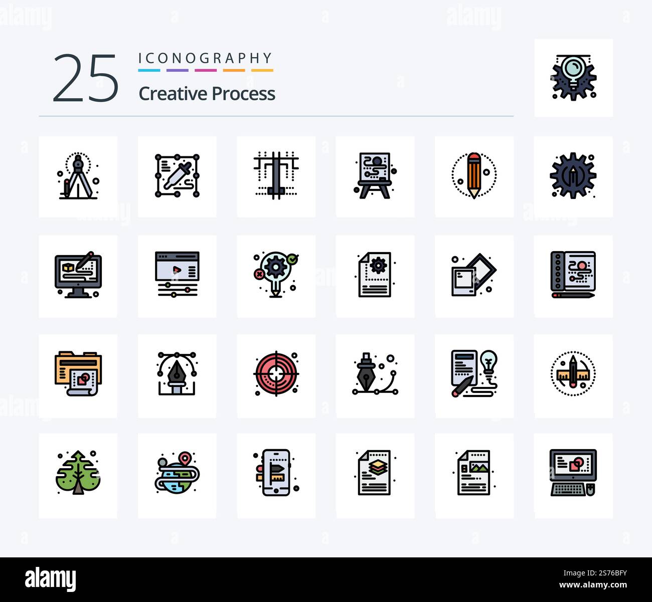 Creative Process 25 Line Filled icon pack including modeling. creative. type. pencil. creative Stock Vector