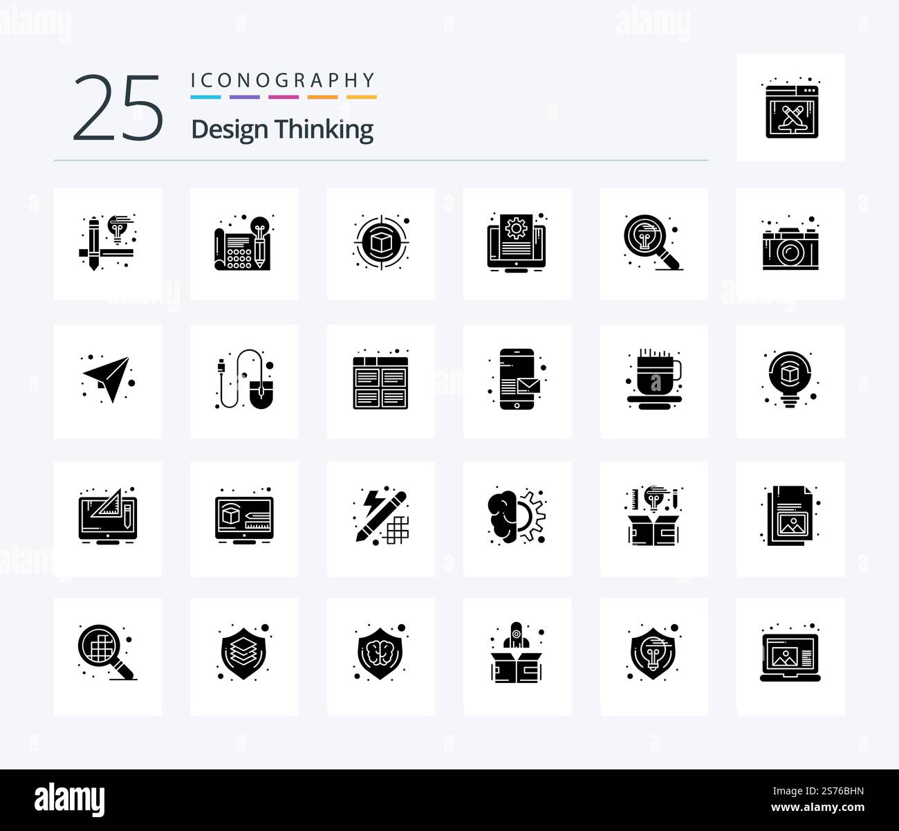 Design Thinking 25 Solid Glyph icon pack including find. screen. campaign. setting. document Stock Vector