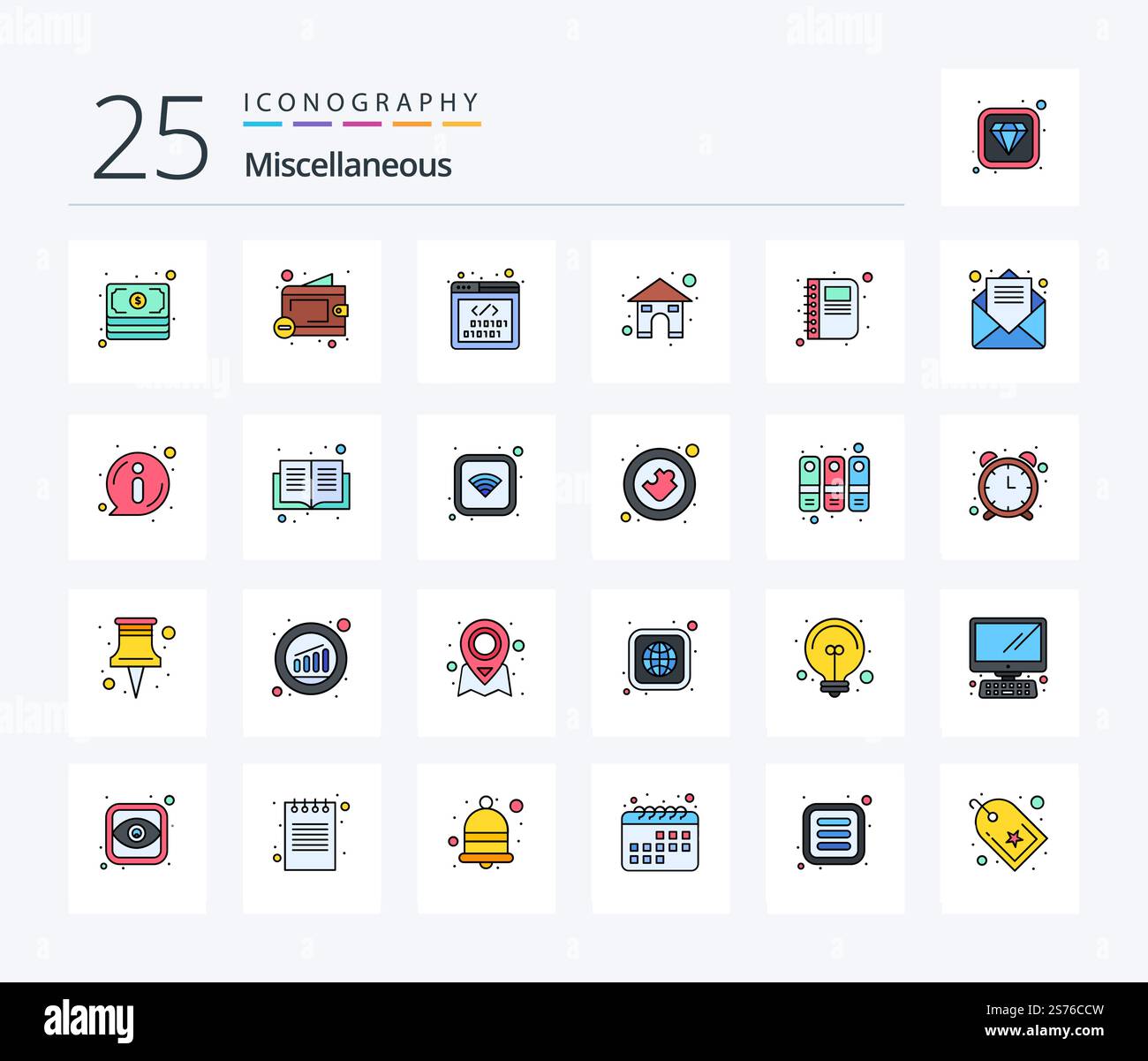 Miscellaneous 25 Line Filled icon pack including book. coding. house. home Stock Vector