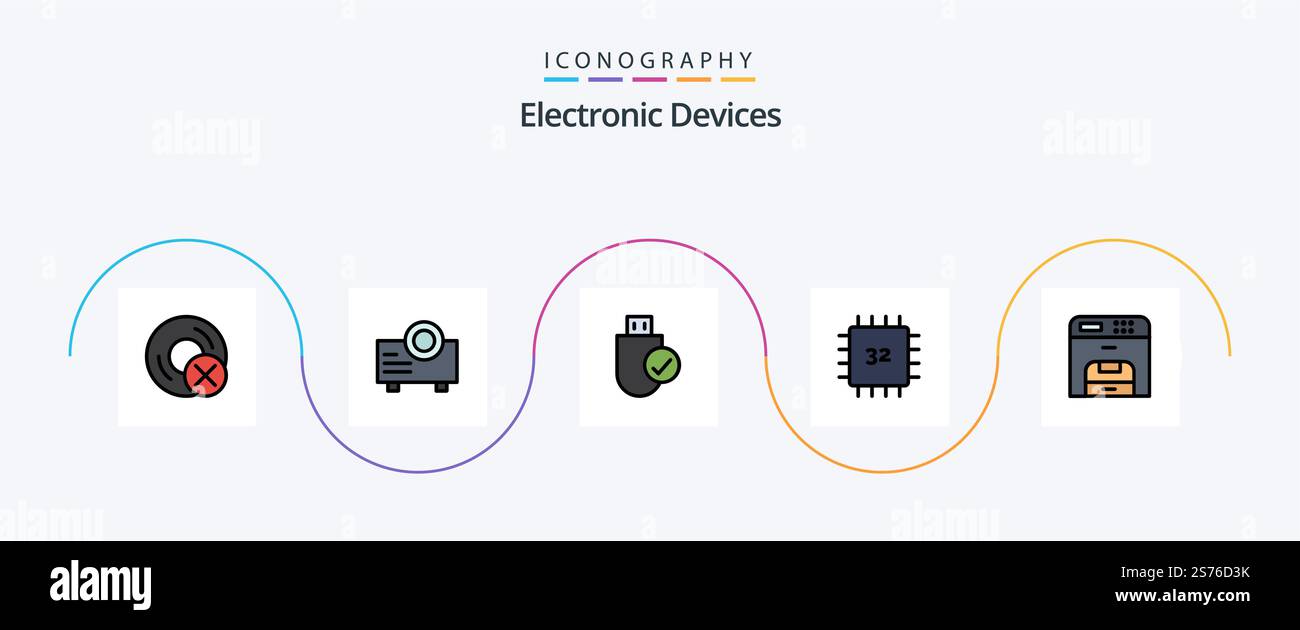 Devices Line Filled Flat 5 Icon Pack Including hardware. devices. computers. computers. stick Stock Vector
