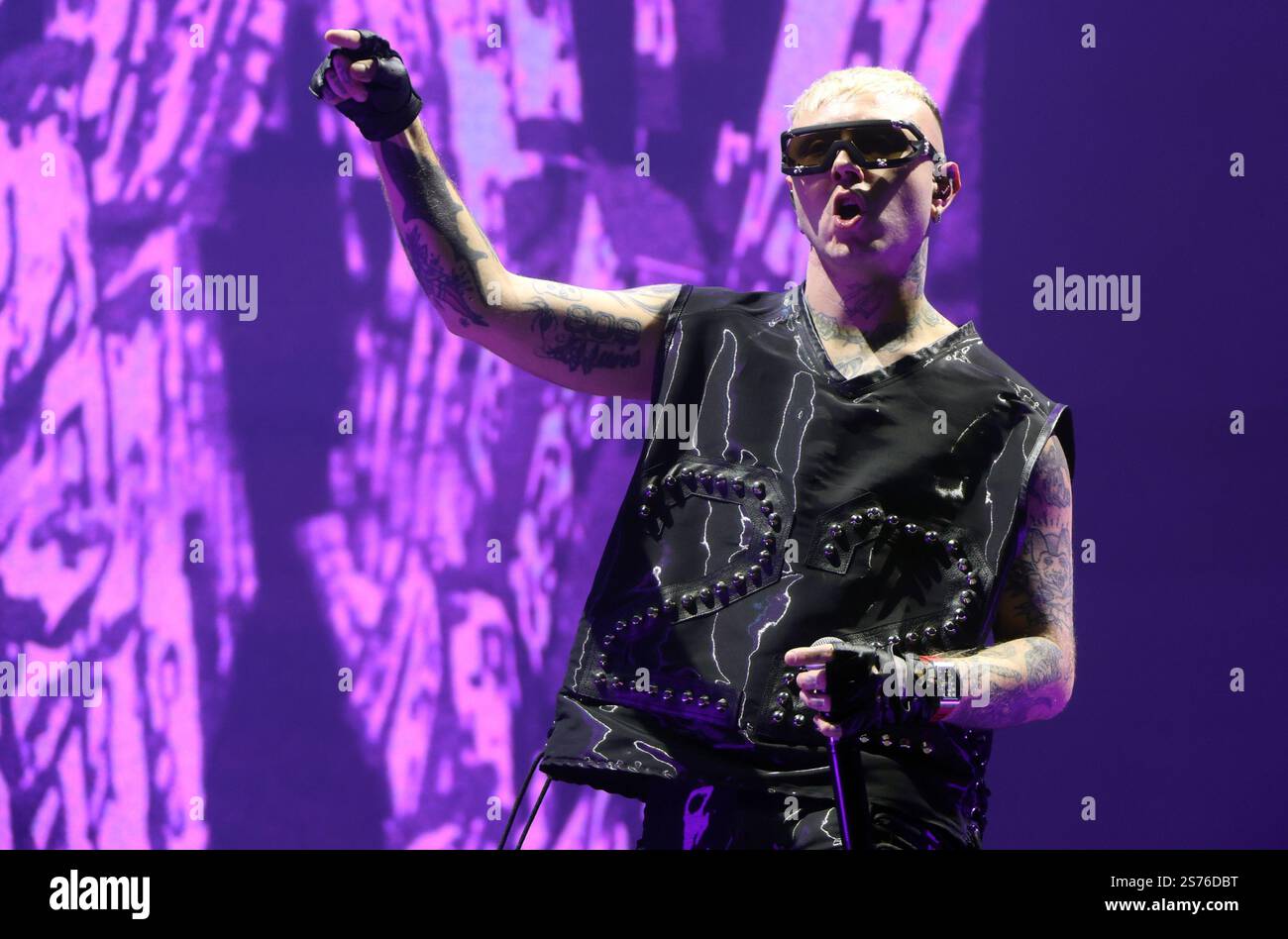 Bologna, Italy. 18th Jan 2025. Italian rapper Lazza performing on stage ...