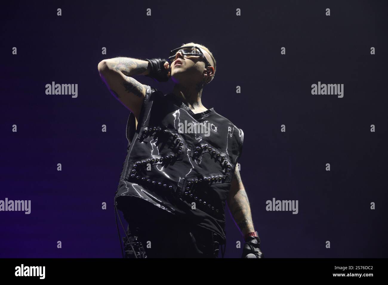 Italian rapper Lazza performing on stage during his Locura Tour 2025 at ...