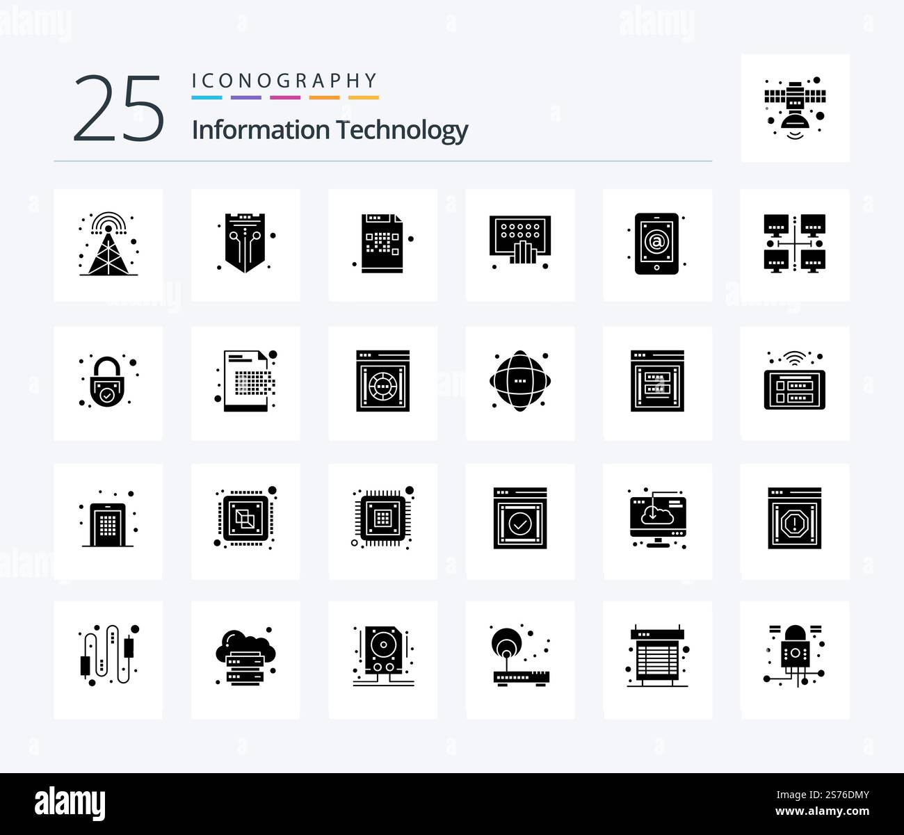 Information Technology 25 Solid Glyph icon pack including phone. digital. web. apps. file Stock Vector