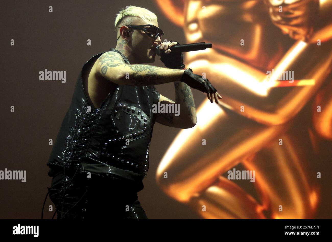 Bologna, Italy. 18th Jan 2025. Italian rapper Lazza performing on stage ...