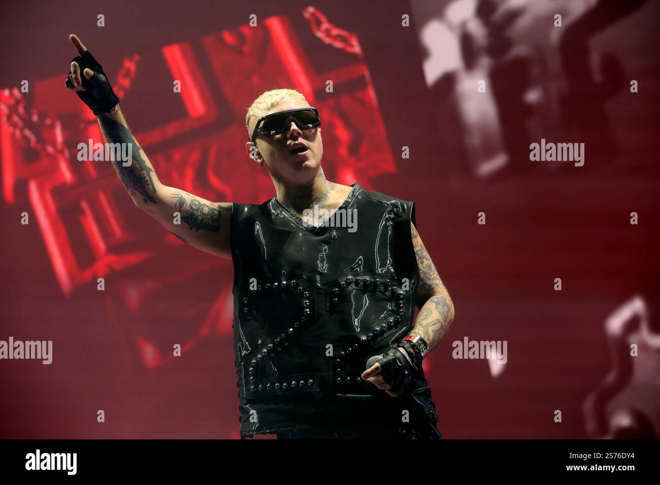 Bologna, Italy. 18th Jan 2025. Italian rapper Lazza performing on stage ...