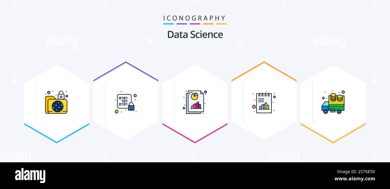 Data Science 25 FilledLine icon pack including graph. analytics. rack. book. document Stock Vector
