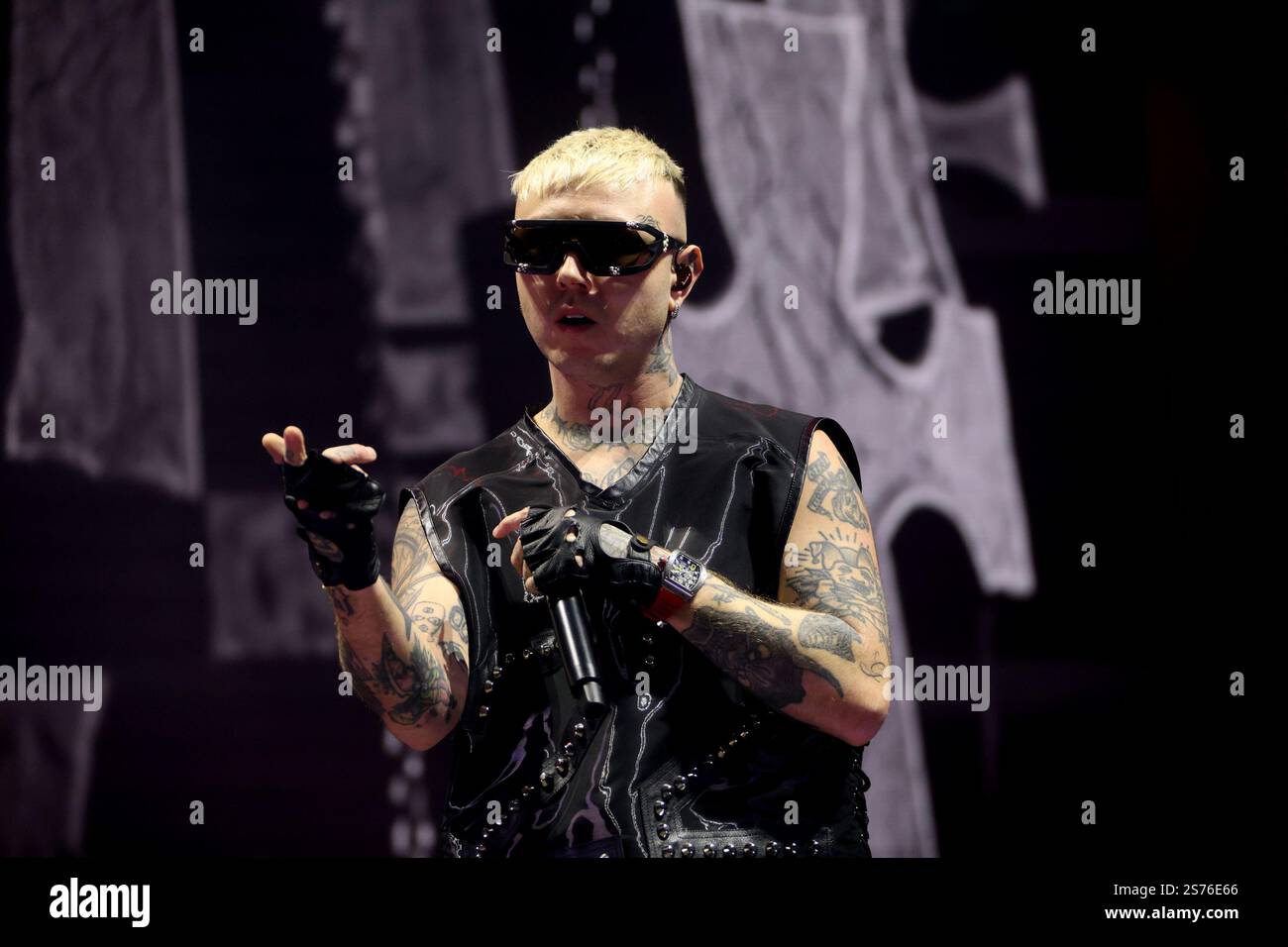 Bologna, Italy. 18th Jan 2025. Italian rapper Lazza performing on stage ...