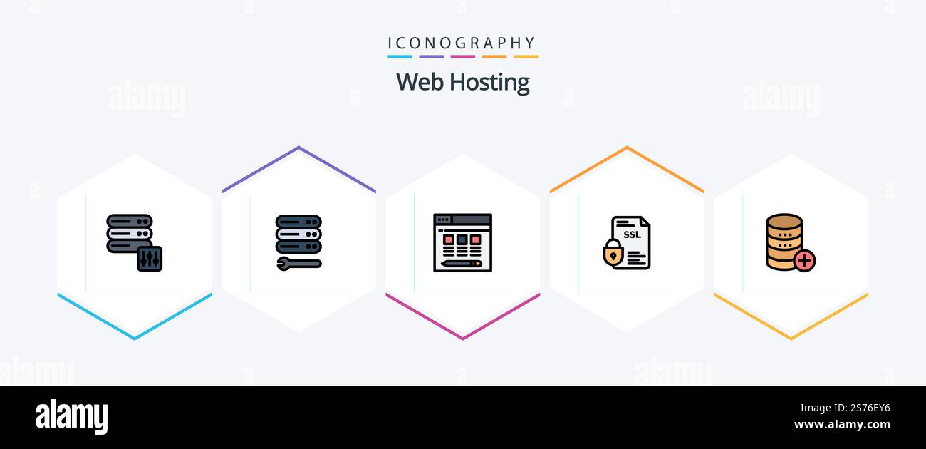 Web Hosting 25 FilledLine icon pack including sal. database. server. ssl. document Stock Vector