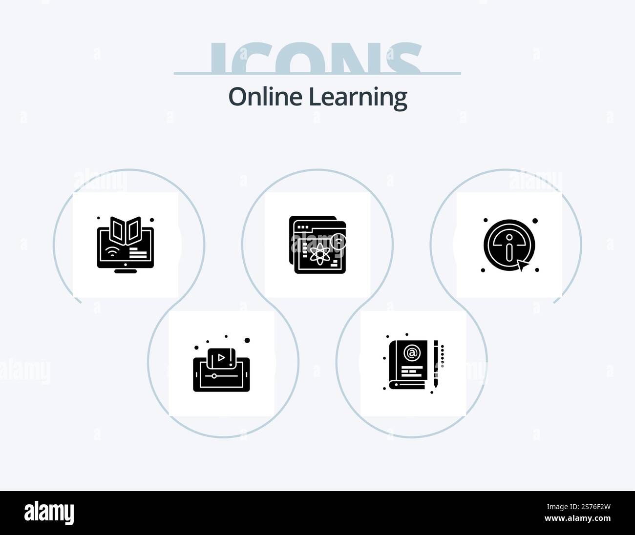 Online Learning Glyph Icon Pack 5 Icon Design. e-learning. website. education. course. webinar Stock Vector