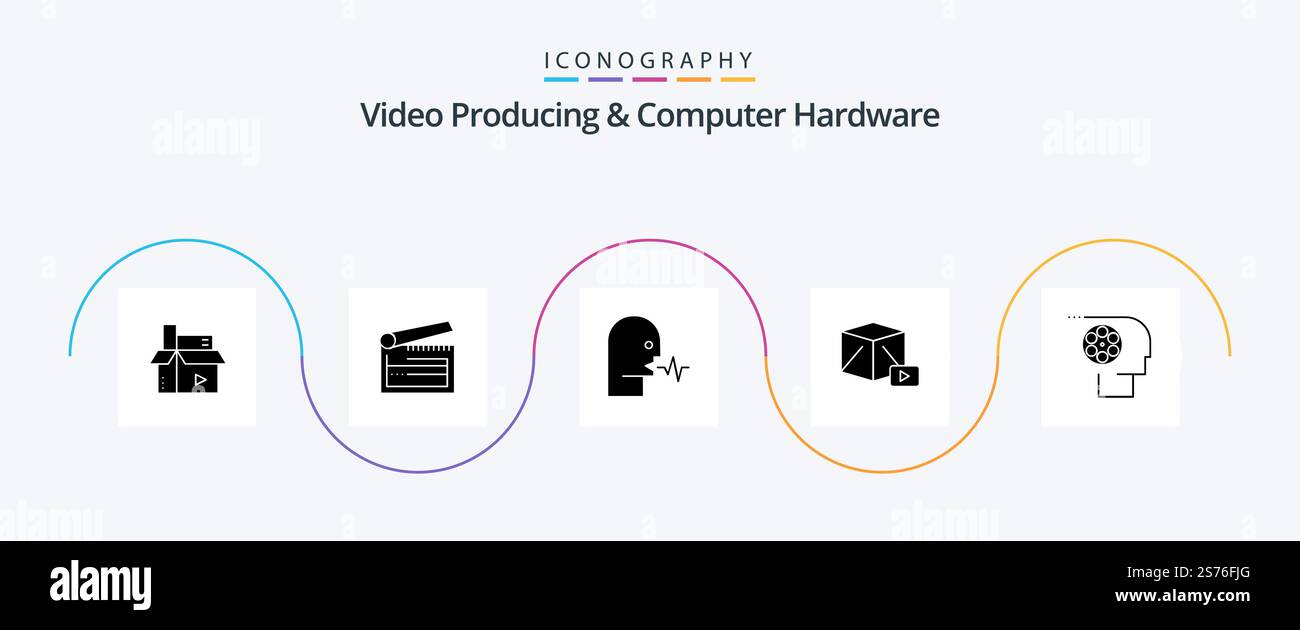Video Producing And Computer Hardware Glyph 5 Icon Pack Including play. button. clapper. talk. person Stock Vector
