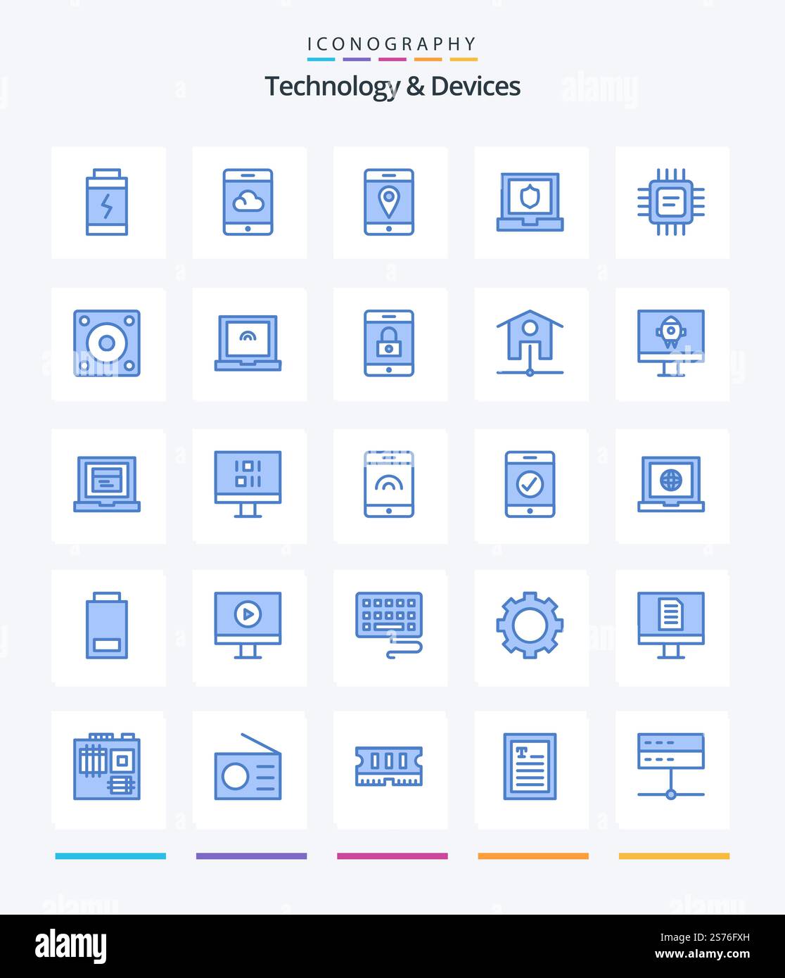 Creative Devices 25 Blue icon pack  Such As gadgets. processor. mobile. devices. chip Stock Vector