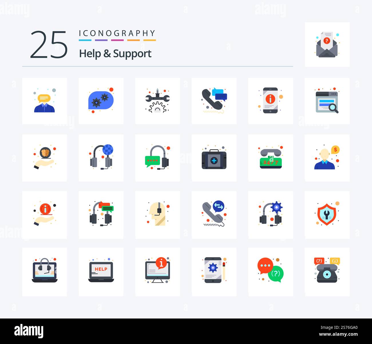 Help And Support 25 Flat Color icon pack including phone. mobile. maintenance. information. support Stock Vector