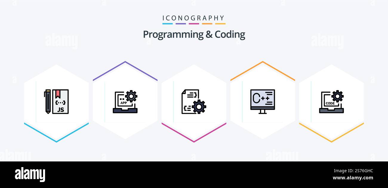 Programming And Coding 25 FilledLine icon pack including develop. coding. development. file Stock Vector
