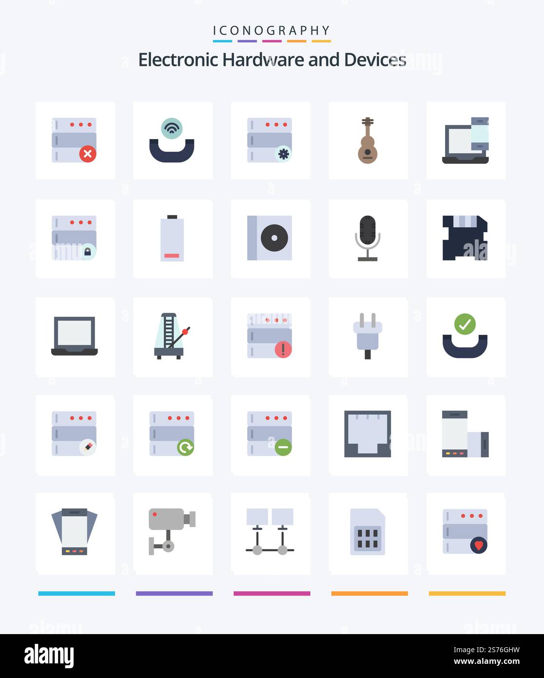 Creative Devices 25 Flat icon pack  Such As macbook. devices. server. computer. sound Stock Vector