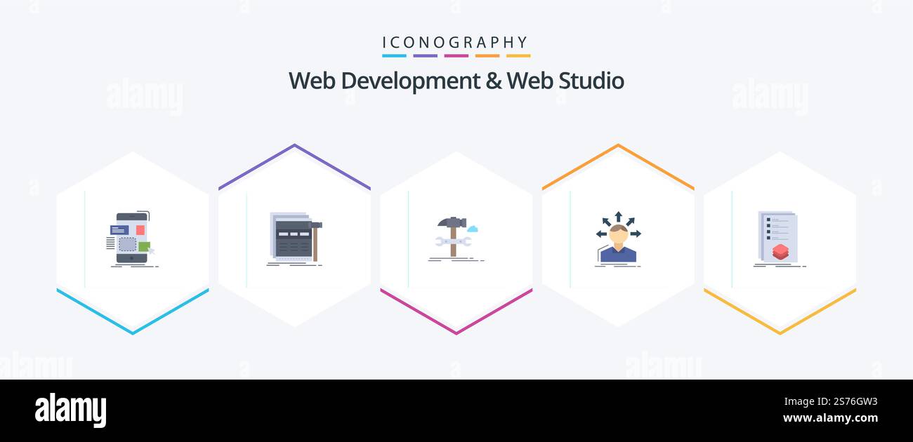 Web Development And Web Studio 25 Flat icon pack including options. conversion. webpage. service. hammer Stock Vector