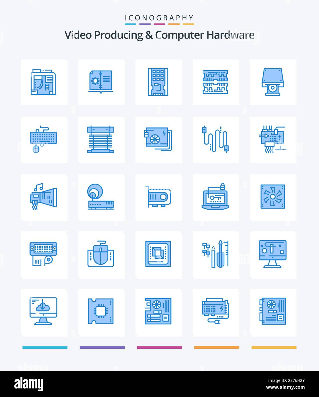 Creative Video Producing And Computer Hardware 25 Blue icon pack  Such As dvd. computer. disk. component. ssd Stock Vector