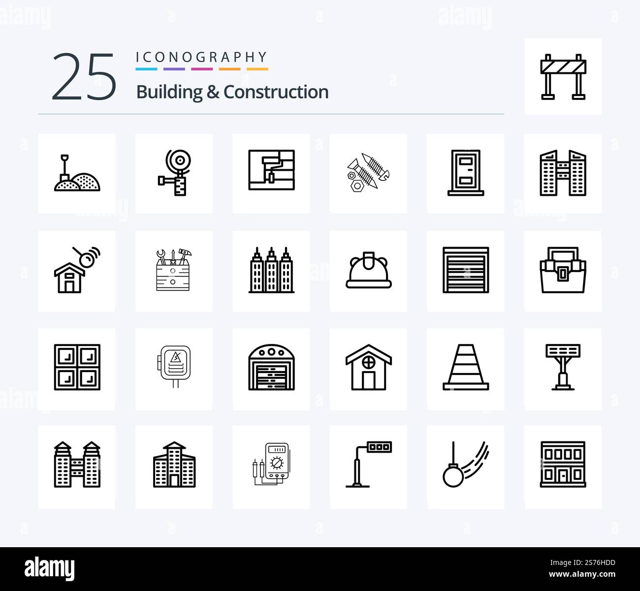 Building And Construction 25 Line icon pack including house. construction. roller. work. construction Stock Vector
