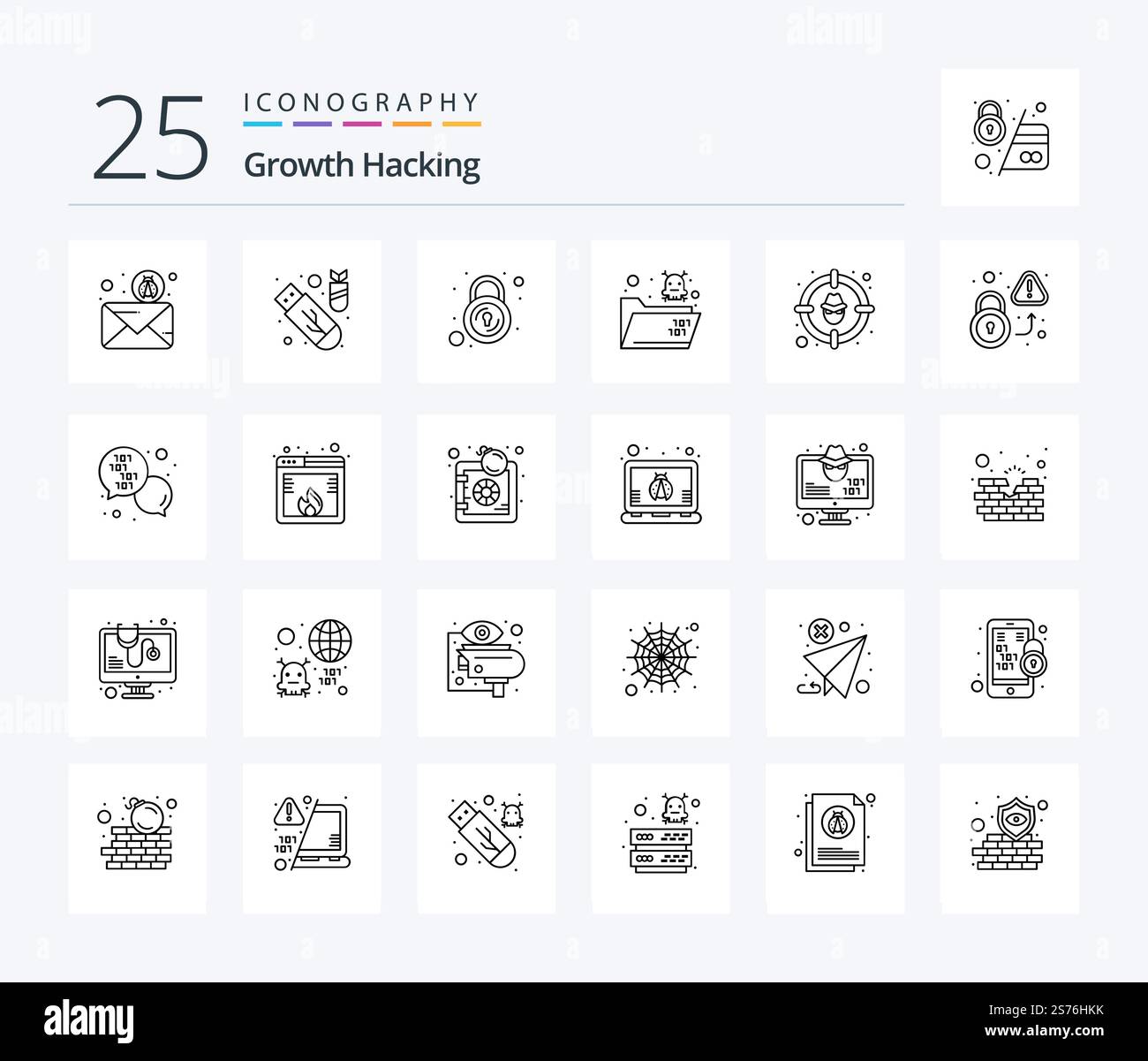 Hacking 25 Line icon pack including cyber. folder. ddos. death. security Stock Vector