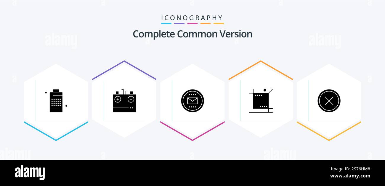 Complete Common Version 25 Glyph icon pack including graphic. crop. electricity. mail. envelope Stock Vector