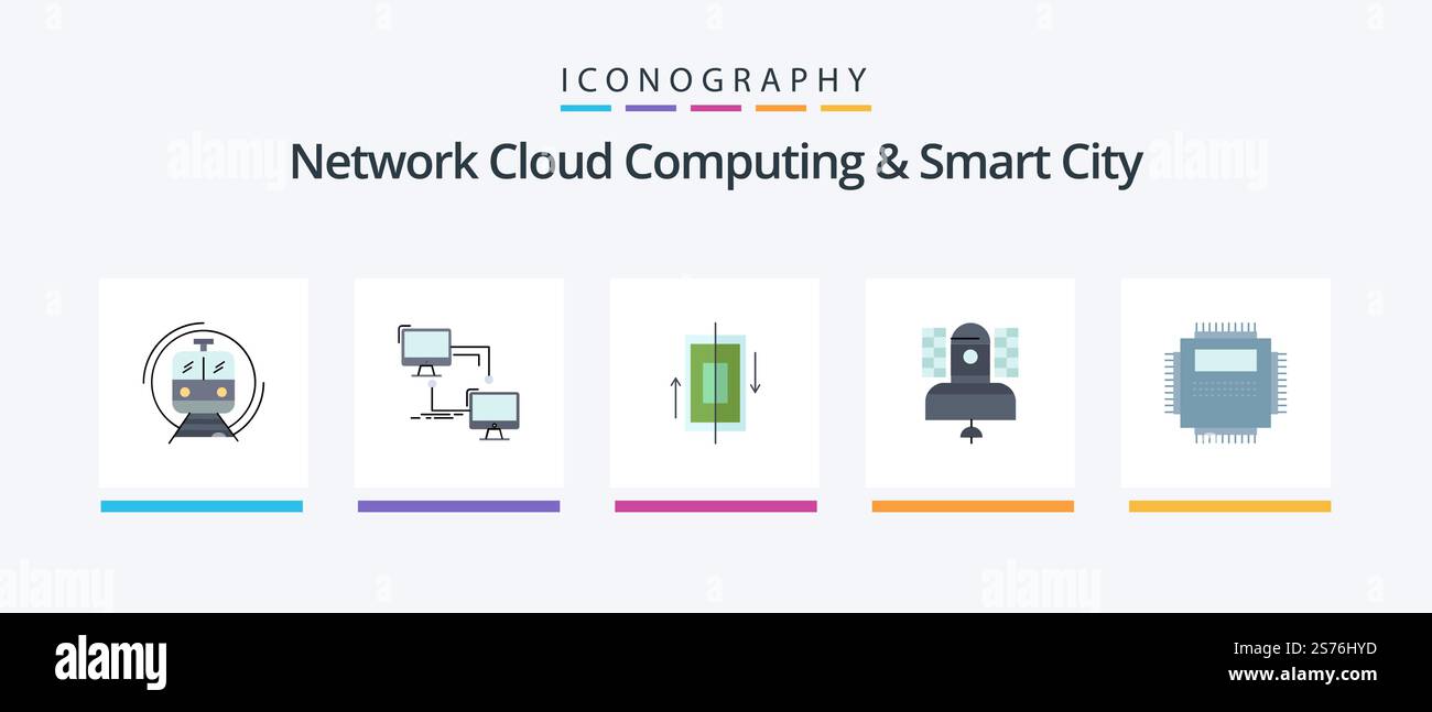 Network Cloud Computing And Smart City Flat 5 Icon Pack Including broadcasting. satellite. sync. smartphone. data. Creative Icons Design Stock Vector
