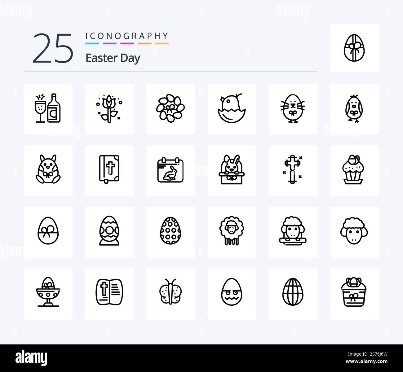 Easter 25 Line icon pack including day. holiday. chicken. easter. book Stock Vector