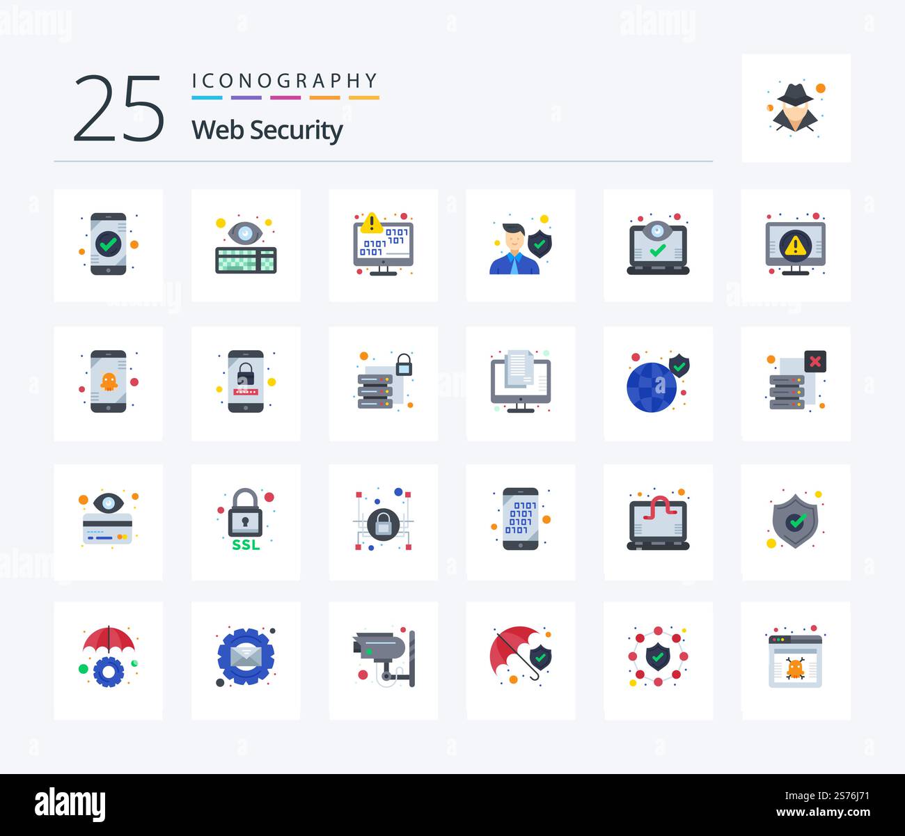 Web Security 25 Flat Color icon pack including protect. data. keyboard. error. encoding Stock Vector