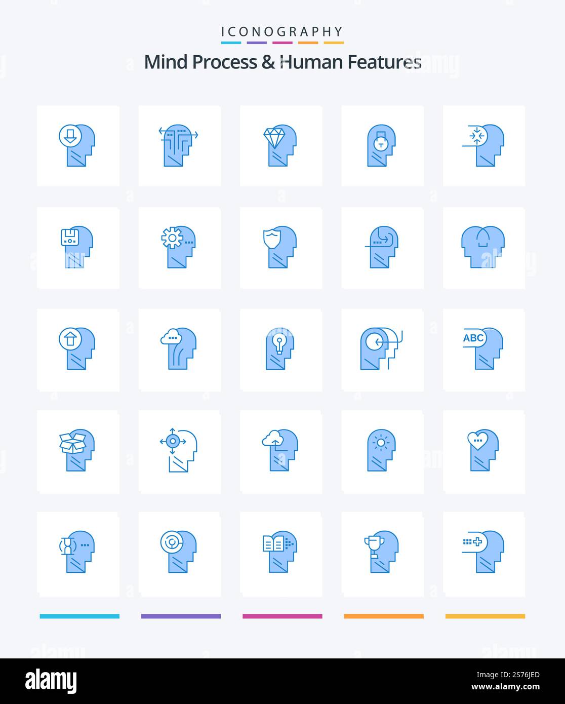 Creative Mind Process And Human Features 25 Blue icon pack  Such As user. message. head. secure. head Stock Vector
