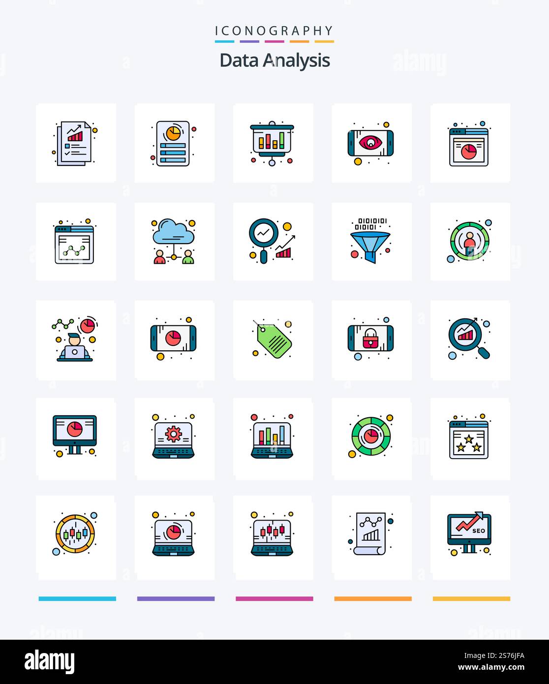 Creative Data Analysis 25 Line FIlled icon pack  Such As graph. web analysis. analysis. analysis. data Stock Vector