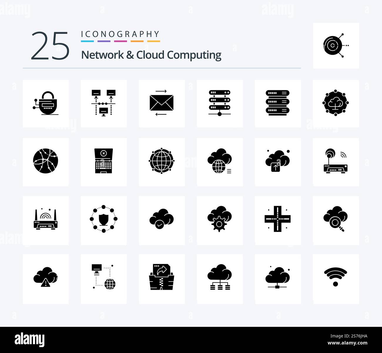 Network And Cloud Computing 25 Solid Glyph icon pack including network. storage. message. network. computing Stock Vector