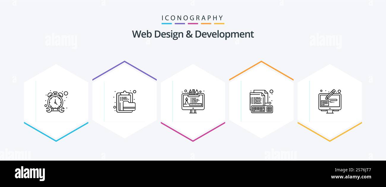 Web Design And Development 25 Line icon pack including file. creative. folder. computer. edit tool Stock Vector