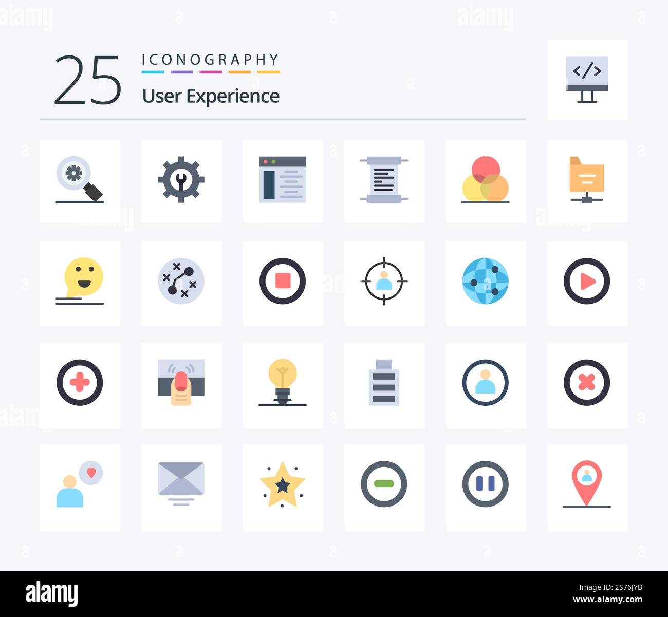 User Experience 25 Flat Color icon pack including files. wheel. web page. rgb. script Stock Vector